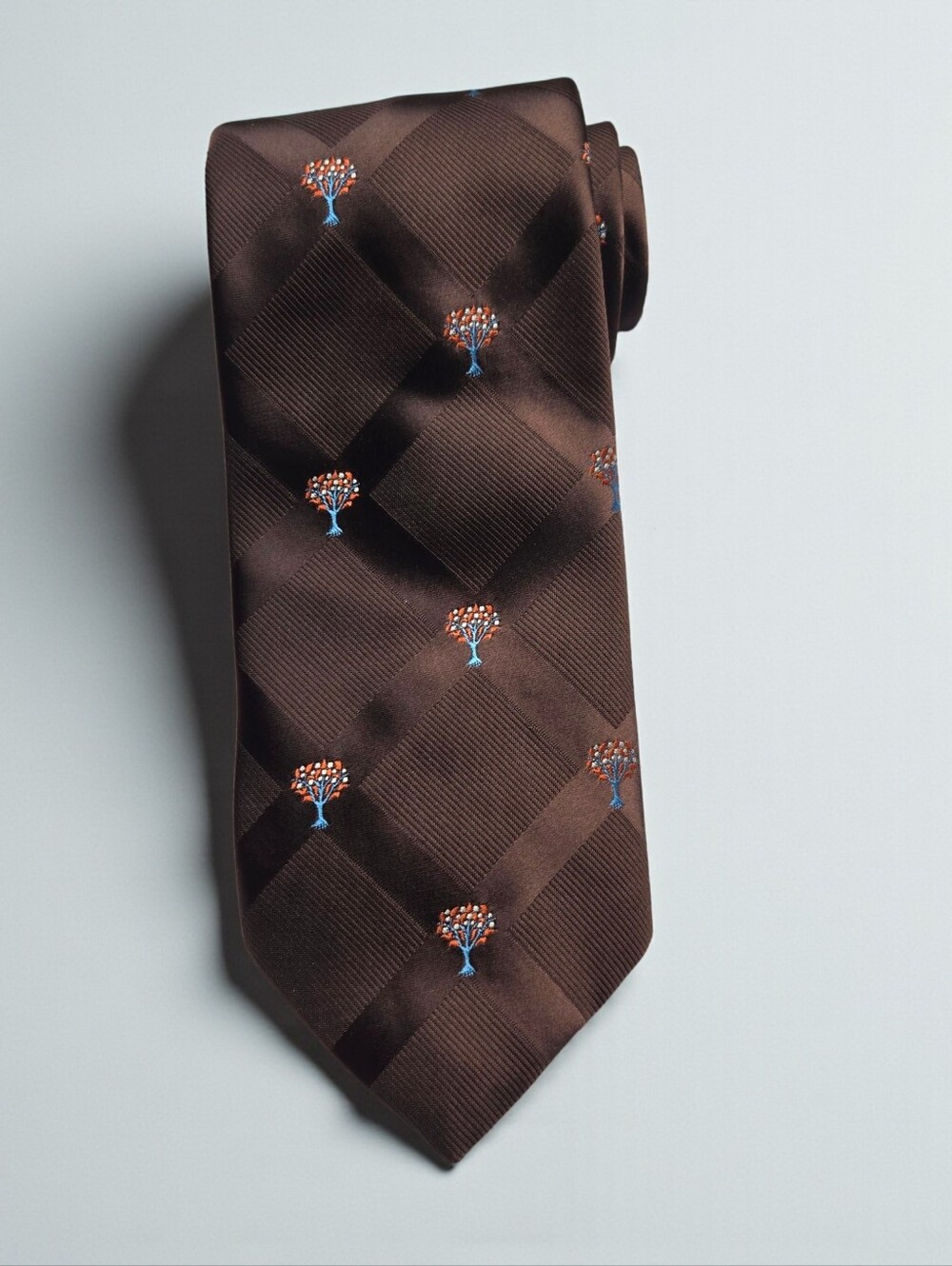 Vintage Brittania Super Cool Tie Chocolate Brown Subtle Shimmer Blue Rust Trees